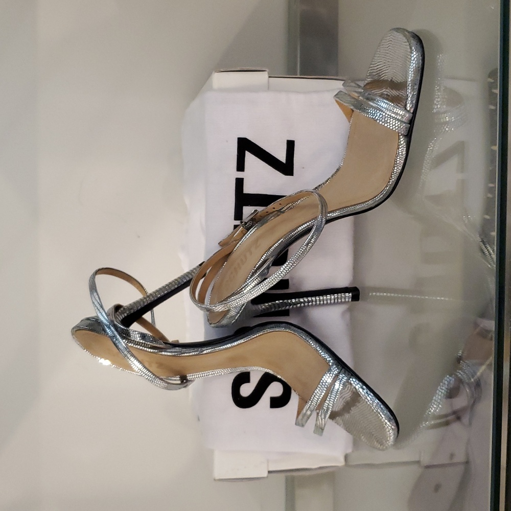 SCHUTZ women’s Metallic Silver Strappy shoe Size 7 With A 4" Heel new in box - Picture 3 of 8